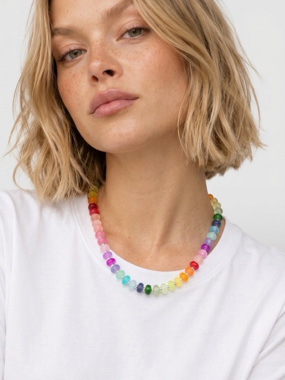 Boho Multicolor Rondelle Glass Bead Rainbow Necklace
